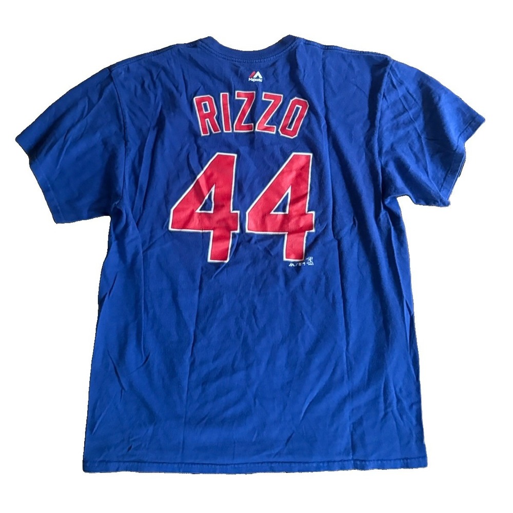 Majestic Chicago Cubs Anthony Rizzo Jersey T Shirt Mens L Double Sided #44 Blue